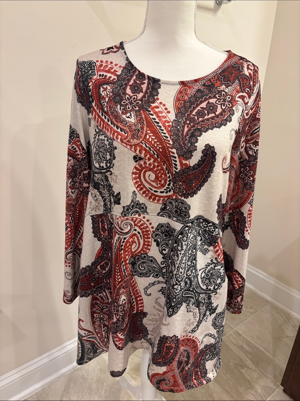 Chico's Cream Tunic with Red & Black Paisley Print